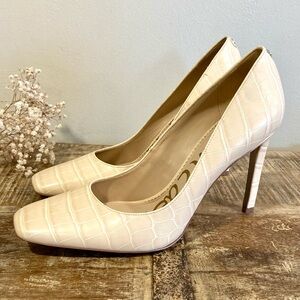 Sam Edelman Cream Croc-Embossed Square Toe Heels Sz 11 Beth Eggshell